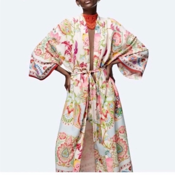 Zara NWT Satin Colorful Boho Floral Printed Belted Kimono Duster robe - Picture 4 of 12